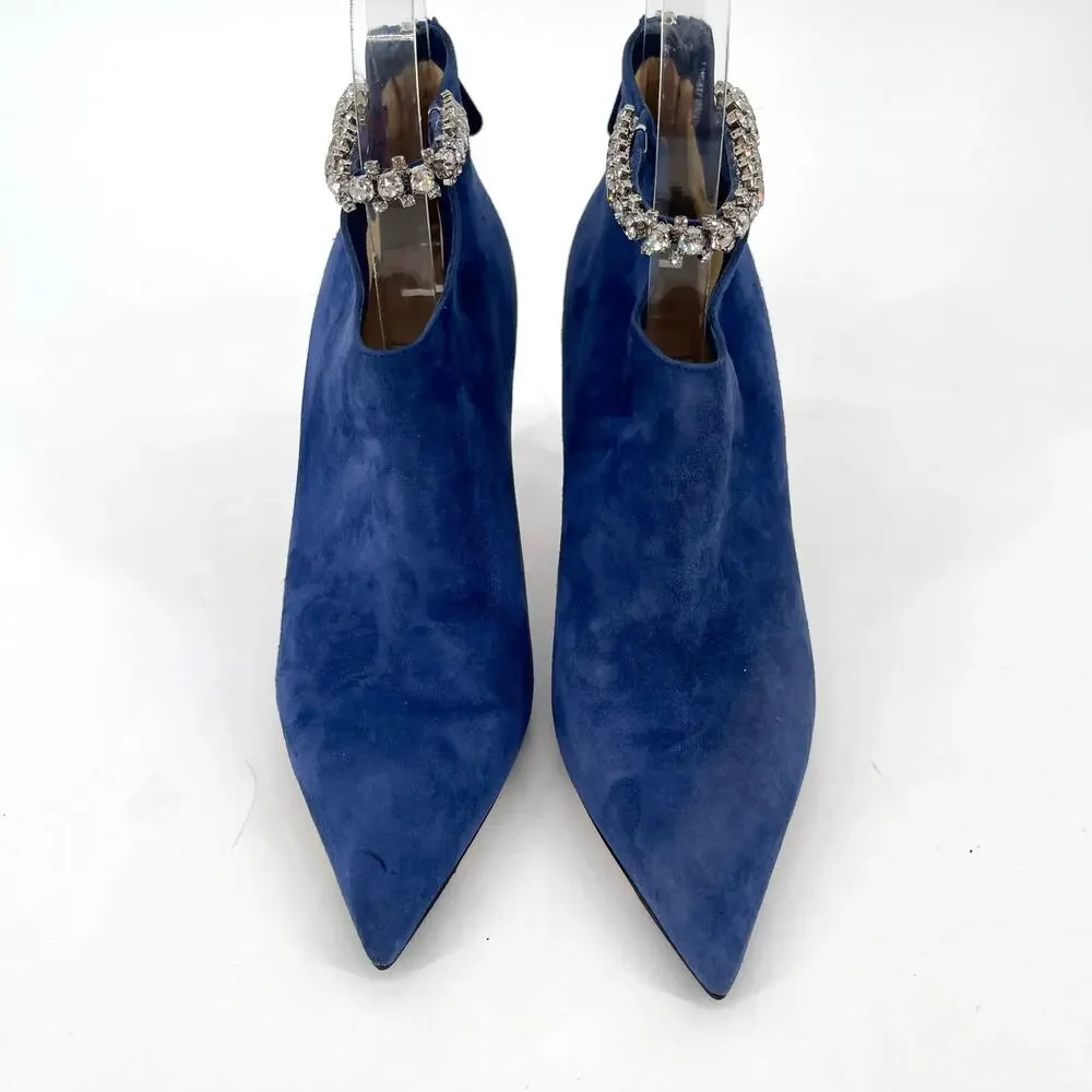 Jimmy Choo Blaize 100 Navy Blue Suede Ankle Bootie Crystal Strap size IT 37